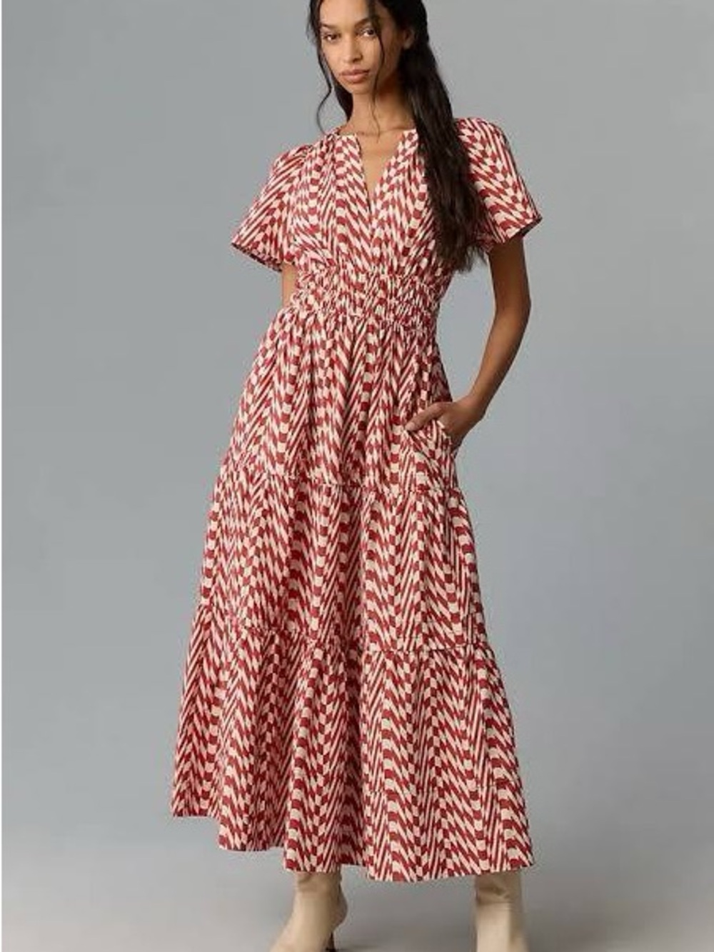Anthropologie Somerset Tiered Maxi Dress, Red Ivory Geometric Print, Size Medium